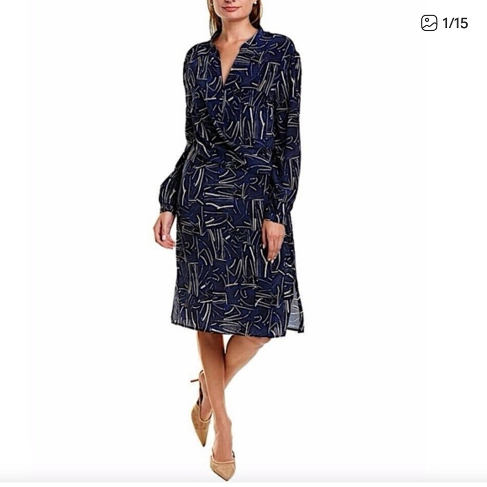 NWT St. John Artistic Blue Silk Long Sleeve Dress